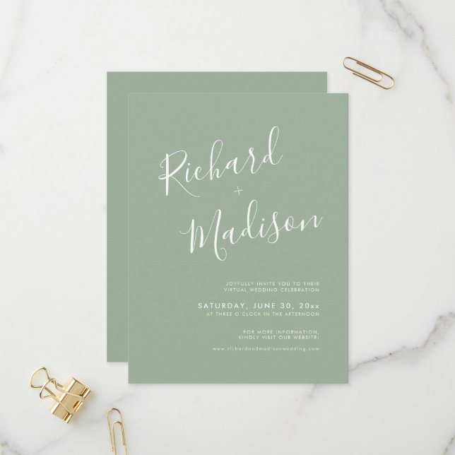 Invitation Carte Postale Chic Calligraphie Sage Green Photo Mariage virtuel (Devant/Arrière en situation)