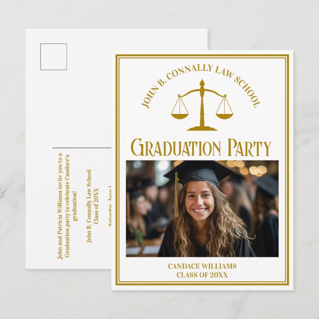 Invitation Carte Postale Chic Gold Law School Photo Graduation Party (Devant / Derrière)