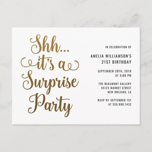 Invitation Carte Postale Chic Gold Shh... C'est une typographie de parti su (Devant)