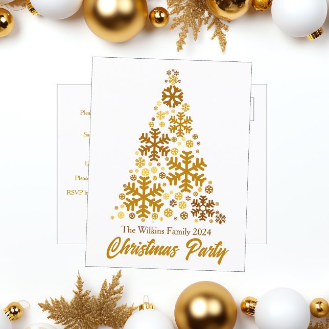 Invitation Carte Postale Chic Gold Snowflakes Christmas Tree Custom Party (Créateur téléchargé)