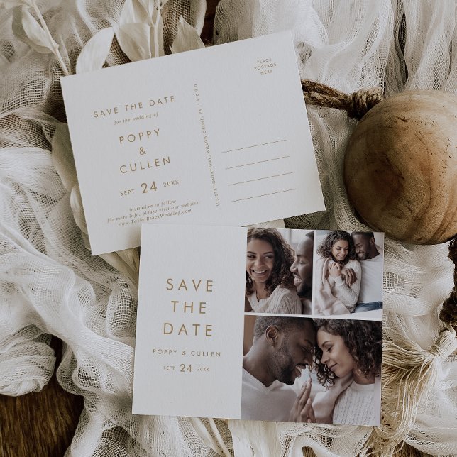 Invitation Carte Postale Chic Gold Typographie 3 Photo Collage Enregistrer  (Créateur téléchargé)