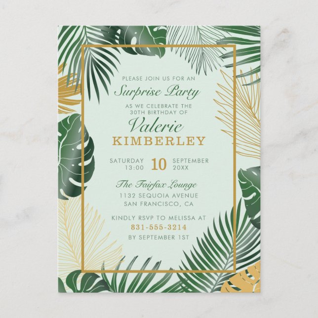 Invitation Carte Postale Chic Green Tropical Feuille Moderne Surprise Party (Devant)