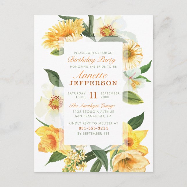 Invitation Carte Postale Chic Jaune Daisies Délicieuses Fleur Fête d'Annive (Devant)