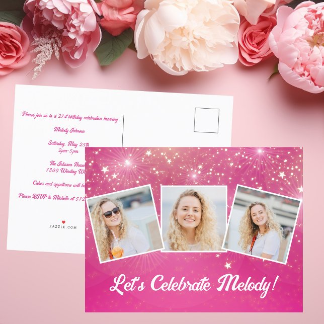 Invitation Carte Postale Chic Pink Sparkle Photo Collage Anniversaire (Créateur téléchargé)