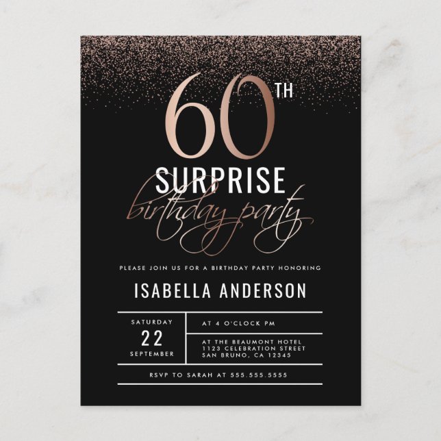 Invitation Carte Postale Chic Rose Gold 60th Surprise Anniversaire Party (Devant)
