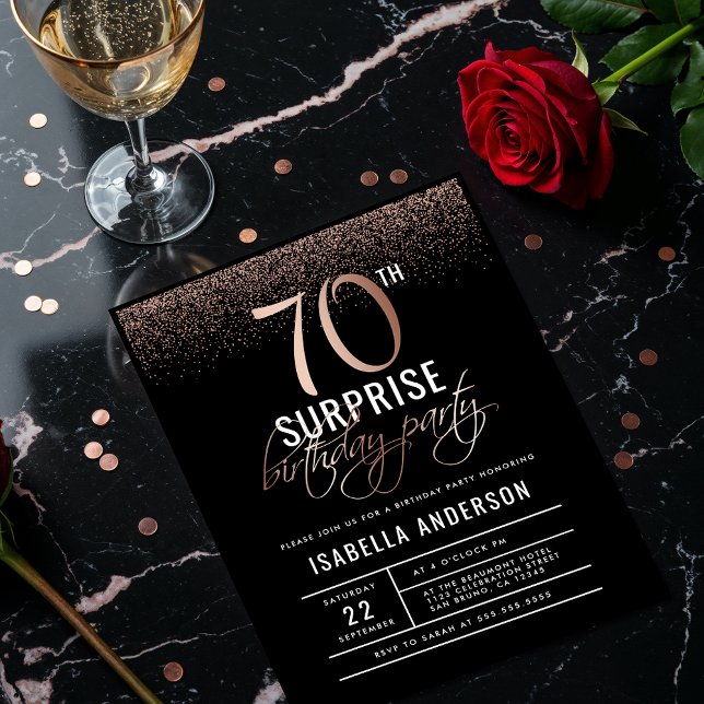 Invitation Carte Postale Chic Rose Gold 70th Surprise Birthday Party (Créateur téléchargé)
