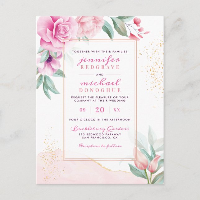 Invitation Carte Postale Chic rose Rose Buds Mariage classique (Devant)