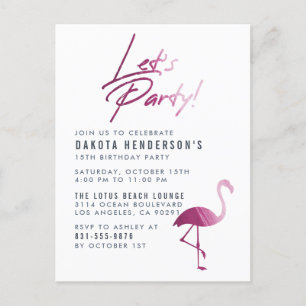 Invitation Carte Postale Chic violet peint Flamant rose moderne fête d'anni