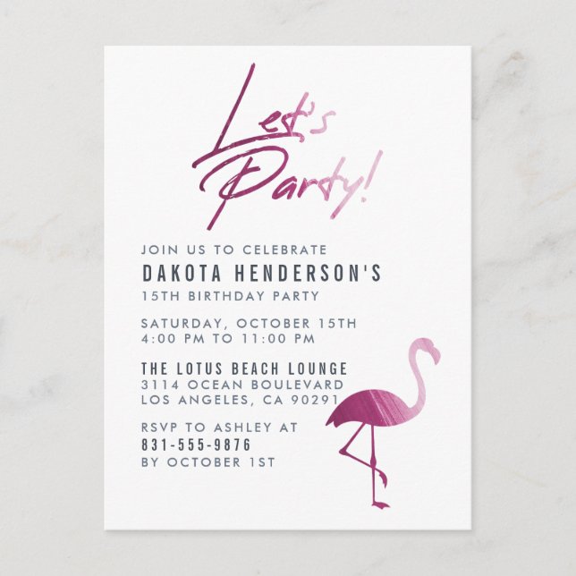 Invitation Carte Postale Chic violet peint Flamant rose moderne fête d'anni (Devant)