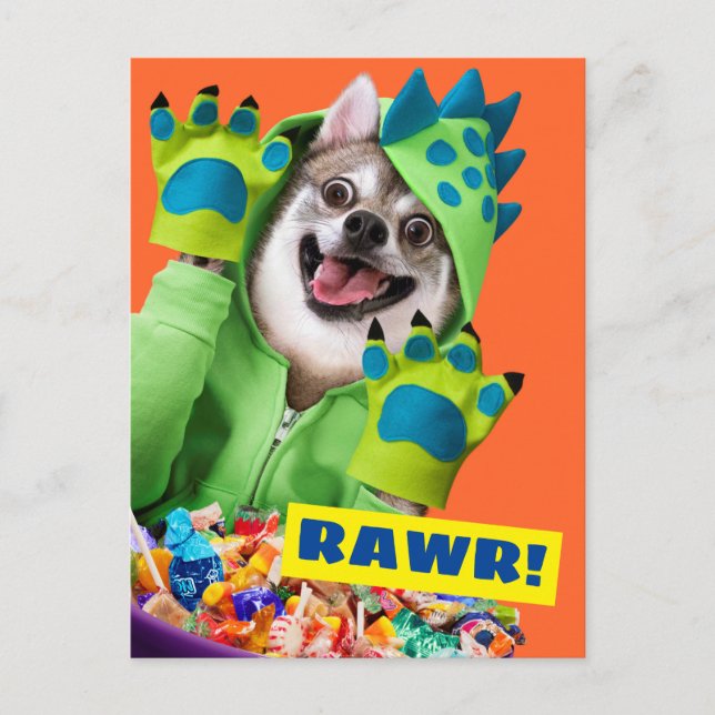 Invitation Carte Postale Chien en costume de dinosaure (Devant)