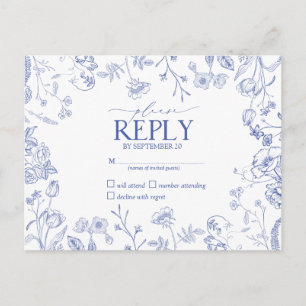 Invitation Carte Postale Chinoiserie bleu français floral victorien RSVP