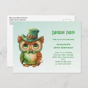 Invitation Carte Postale Chouette mignonne dans un chapeau vert Anniversair