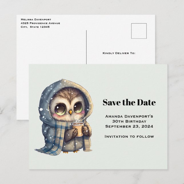 Invitation Carte Postale Chouette mignonne en hiver avec café Enregistrer l (Devant / Derrière)