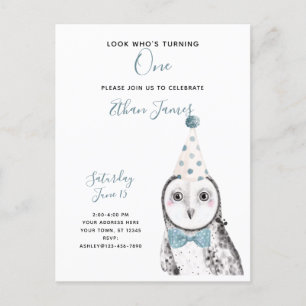 Invitation Carte Postale Chouette noire et blanche 1er anniversaire