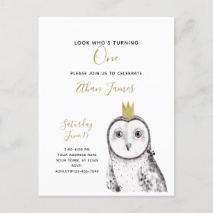Invitation Carte Postale Chouette noire et blanche Baby 1er anniversaire
