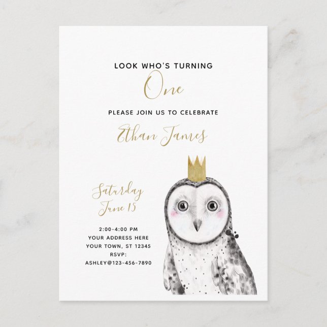 Invitation Carte Postale Chouette noire et blanche Baby 1er anniversaire (Devant)