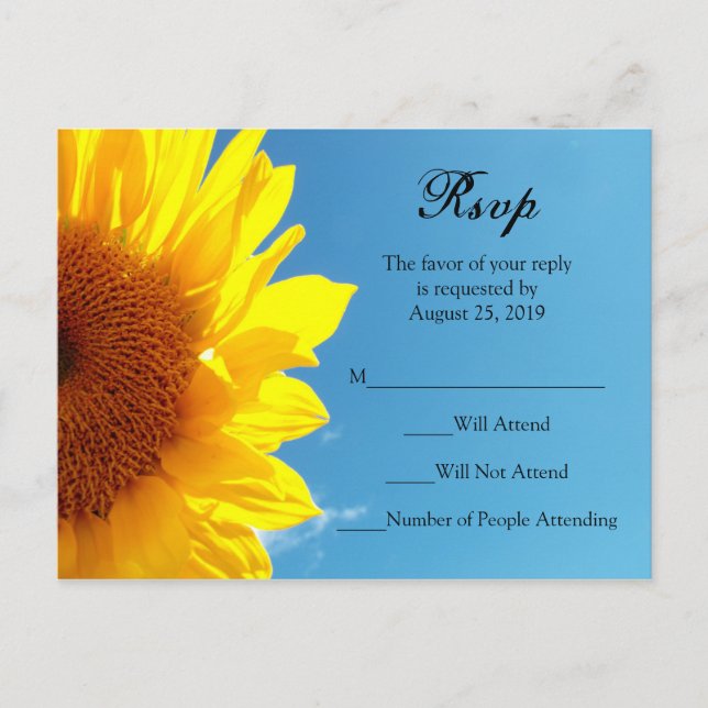Invitation Carte Postale Ciel bleu d'été avec tournesol jaune RSVP Réponse (Devant)