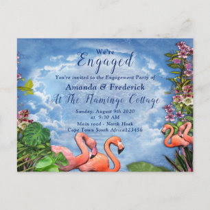 Invitation Carte Postale Ciel bleu, nuages fluides et Flamants roses roses