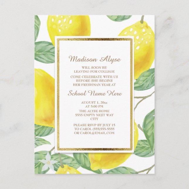 Invitation Carte Postale Citrons jaunes Feuilles verts (Devant)