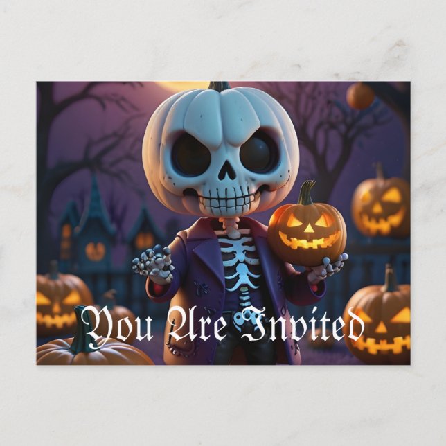 Invitation Carte Postale Citrouille Patch Skeleton Companion (Devant)