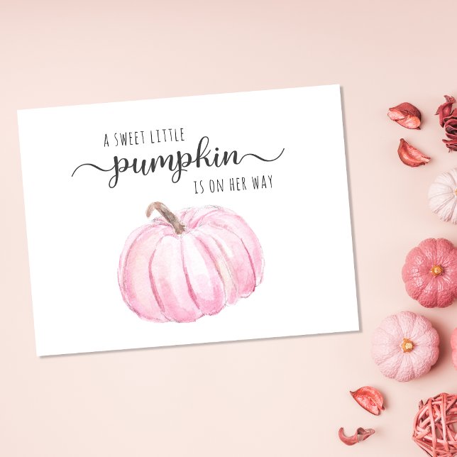 Invitation Carte Postale Citrouille Rose Aquarelle Bébé fille Douche (Celebrate the upcoming arrival of your autumn baby girl with a pumpkin-themed baby shower)