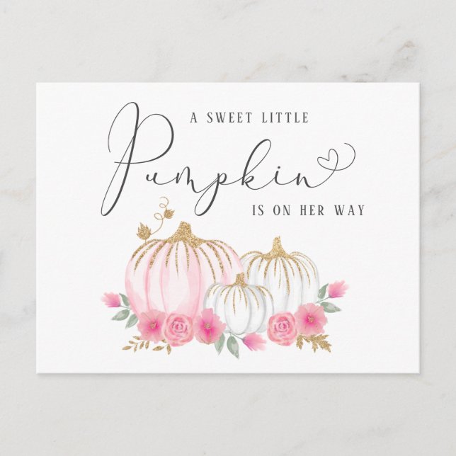 Invitation Carte Postale Citrouille Rose Floral Aquarelle bébé fille Douche (Devant)