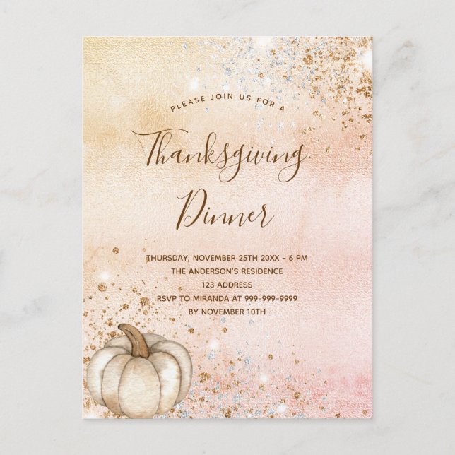Invitation Carte Postale citrouille rustique or rose Thanksgiving Dîner (Devant)