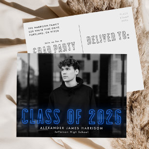 Invitation Carte Postale Classe Blue Neon 2023 Photo Fête de Remise des Dip