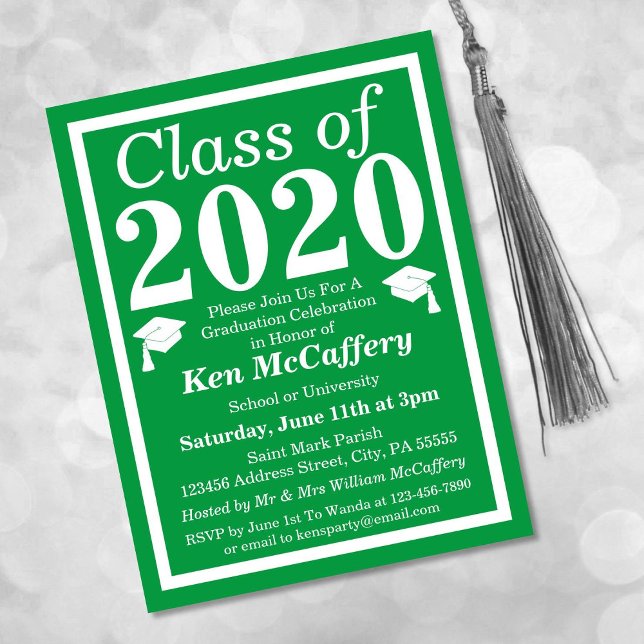 Invitation Carte Postale Classe de 2024 Green White Graduation (Créateur téléchargé)