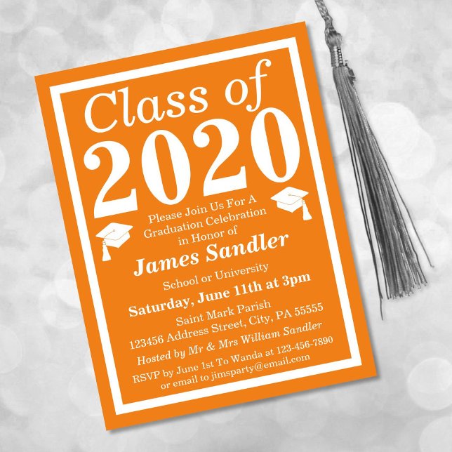 Invitation Carte Postale Classe de 2024 Orange White Graduation (Créateur téléchargé)