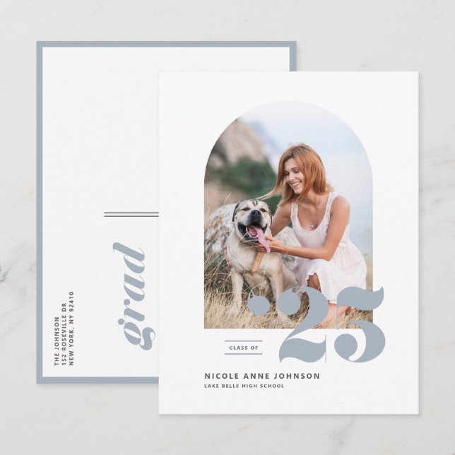 Invitation Carte Postale Classe Dusty Blue de 2025 Arch Photo Graduation (Devant / Derrière)