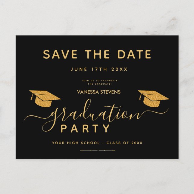 Invitation Carte Postale Classic Noir et or Enregistrer la date (Devant)