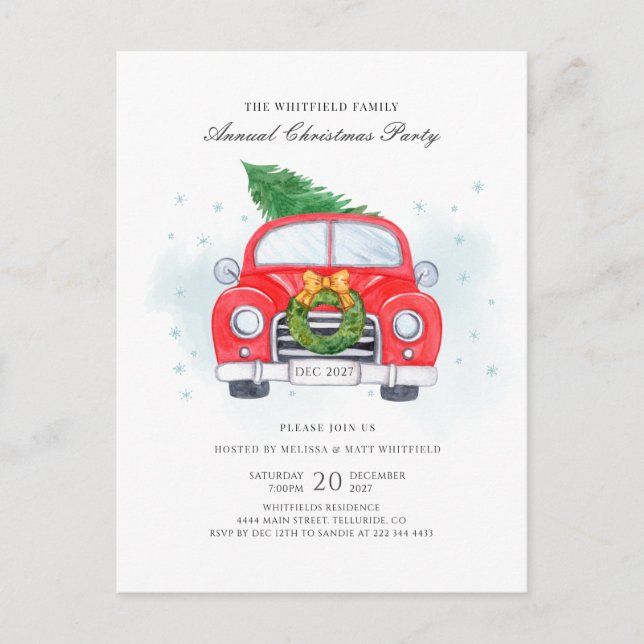 Invitation Carte Postale Classic Red Car Tree Fête de Noël de famille (Devant)