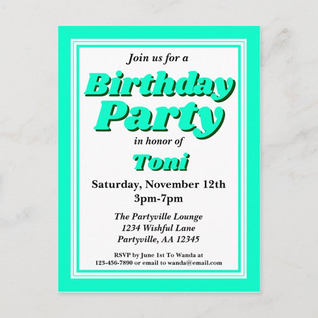 Invitation Carte Postale Classique Turquoise Adulte fête d'anniversaire (Devant)