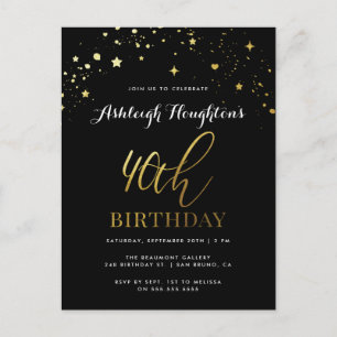 Invitation Carte Postale Classy Black & Gold Confetti 40e anniversaire