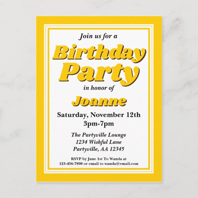 Invitation Carte Postale Classy Jaune Adulte Fête d'anniversaire (Devant)