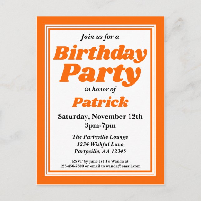 Invitation Carte Postale Classy Orange, fête d'anniversaire pour adultes (Devant)