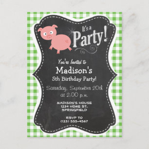 Invitation Carte Postale Cochon ; En vichy vert