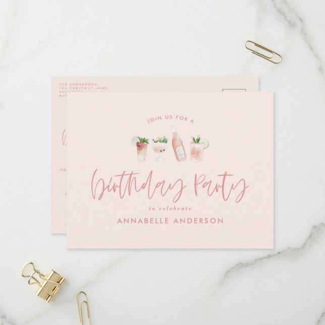 Invitation Carte Postale Cocktail rose de fille fête d'anniversaire design (Devant/Arrière en situation)