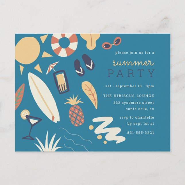 Invitation Carte Postale Cocktails, Surf & Soleil | Belle fête d'été (Devant)