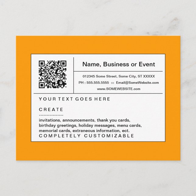 Invitation Carte Postale code QR raffiné orange (Devant)