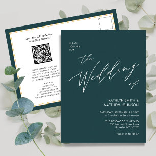 Invitation Carte Postale Code QR vert tout en un Mariage de script moderne
