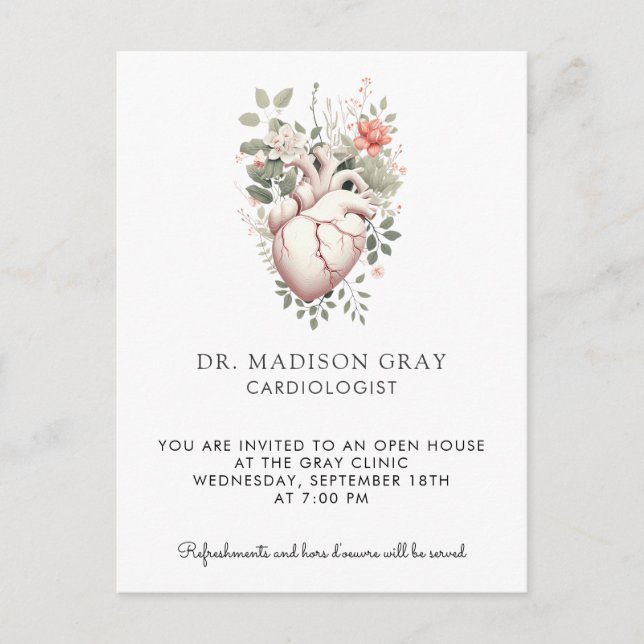 Invitation Carte Postale Coeur anatomique Cardiologie Médicale Ouverture (Devant)
