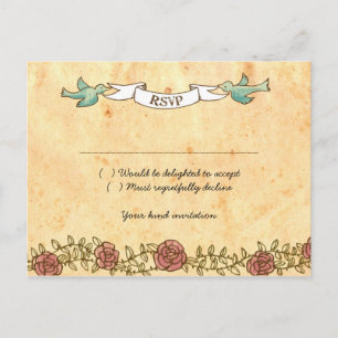 Invitation Carte Postale Coeur bohémien, Roses, oiseaux, et Mariage de bann