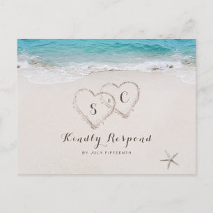Invitation Carte Postale Coeurs dans le sable destination mariage plage RSV