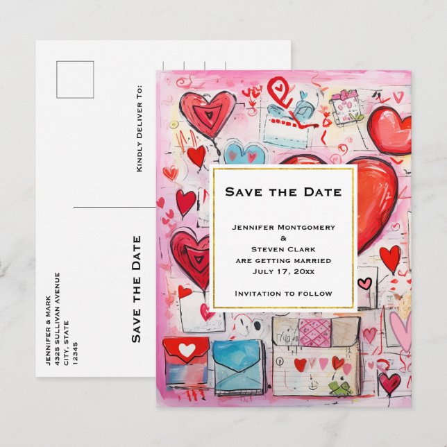 Invitation Carte Postale Coeurs de Whimsical et lettres d'amour Enregistrer (Devant / Derrière)