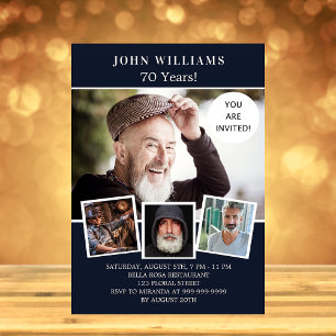 Invitation Carte Postale Collage photo de fête d'anniversaire bleu marine