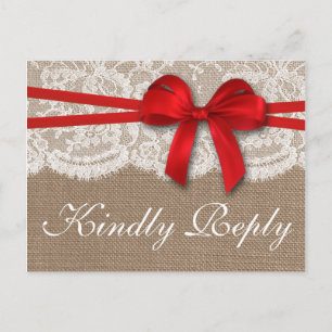 Invitation Carte Postale Collection de Mariages Rustic Red Bow RSVP