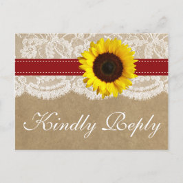 Invitation Carte Postale Collection Kraft, dentelle et tournesol - Rouge