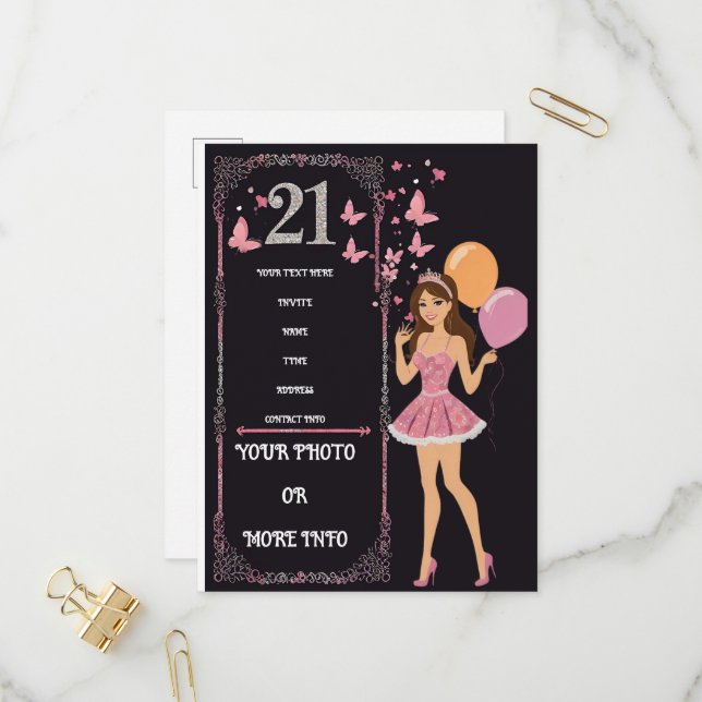 Invitation Carte Postale Conception d'anniversaire avec options de photos p (Devant/Arrière en situation)